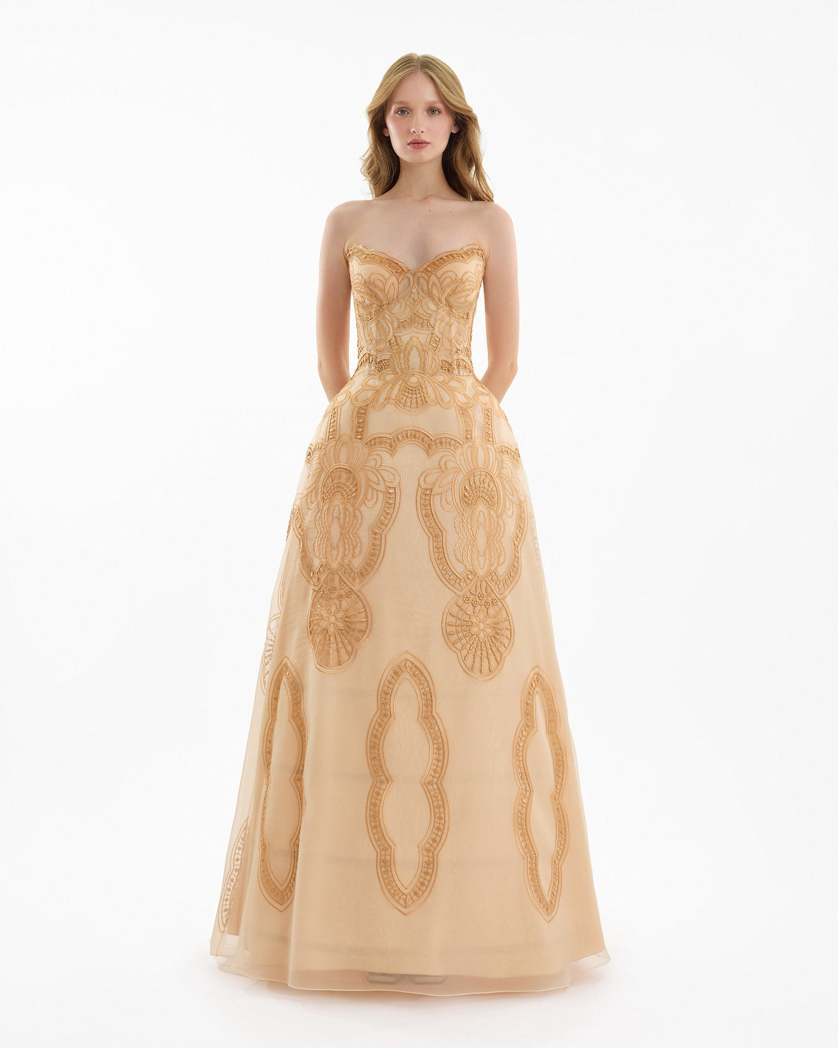 Strapless Embroidered Dress with Cage Skirt