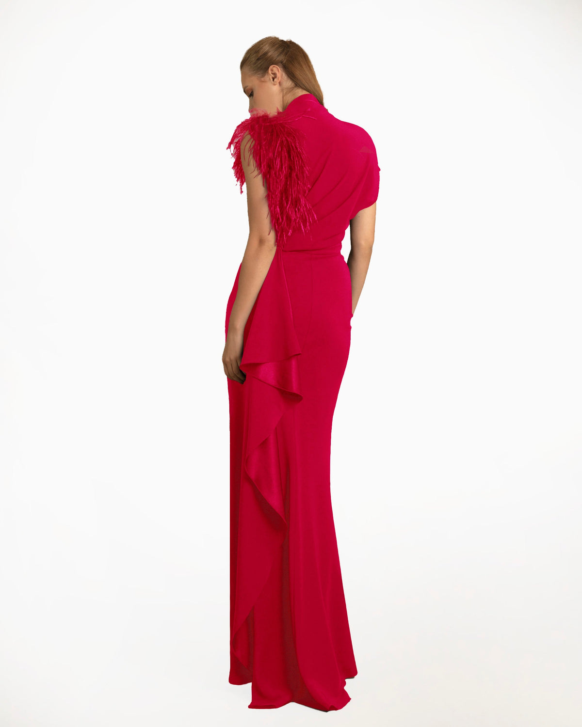 Red Asymmetrical Feathered Crepe Dress