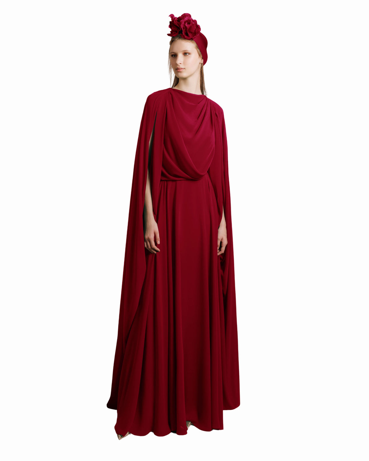 Red Draped Chiffon Kaftan