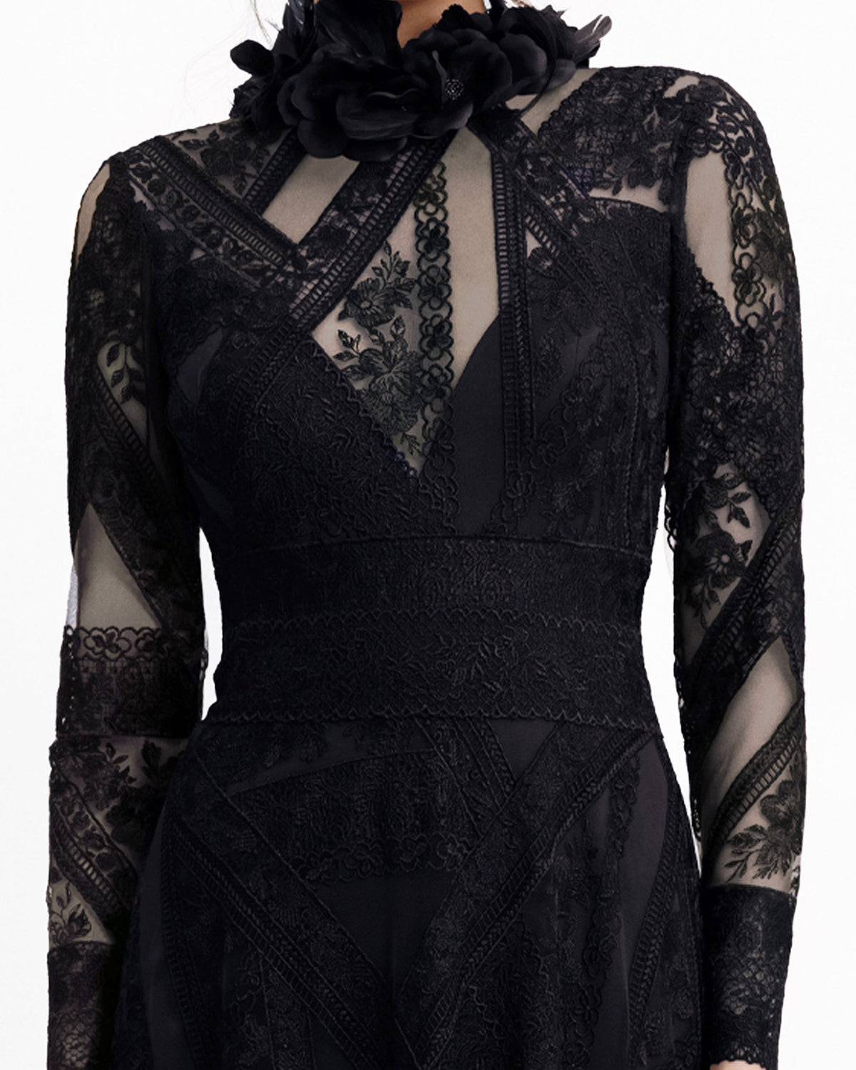 Patterned Lace Long Sleeves Black Dress